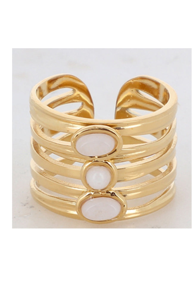 Bague ajustable - Acier inoxydable doré & jade blanche