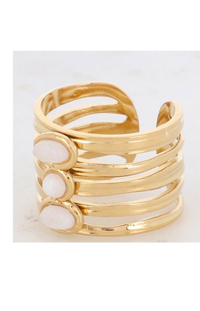 Bague ajustable - Acier inoxydable doré & jade blanche